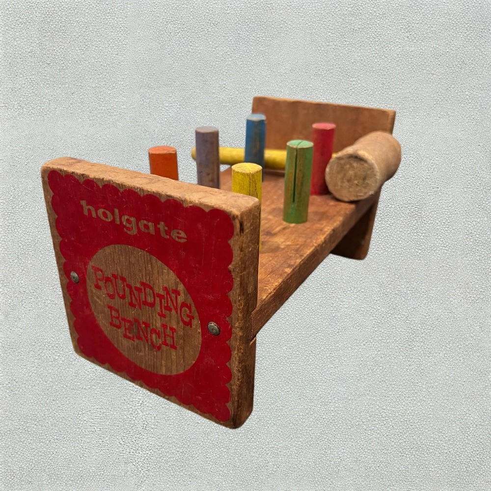 Vintage Holgate Wooden Pounding Bench Toy with Mallet 6 Pegs Kane PA Mid Century
